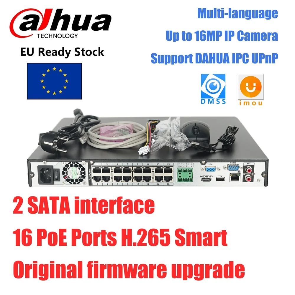 Dahua 16CH NVR 4K H.265 NVR4216-16P-EI 16PoE port 1U 2HDDs WizSense Network Video Recorder