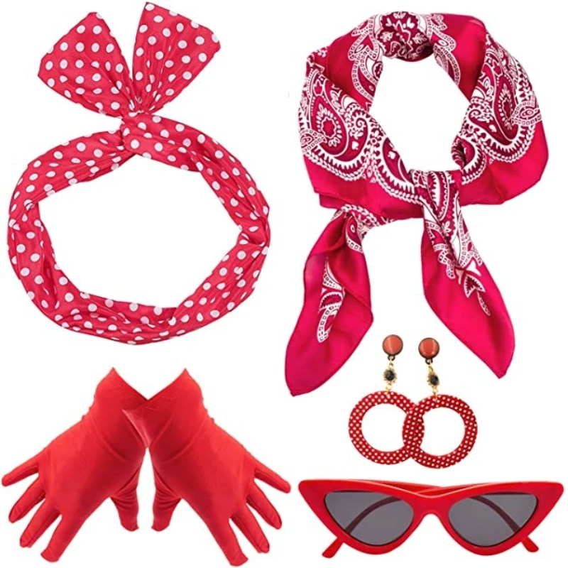 PESENAR Akcesoria do kostiumów w stylu lat 50.: Grochy, czerwone akcenty i styl vintage, idealne na nostalgiczne imprezy tematyczne.