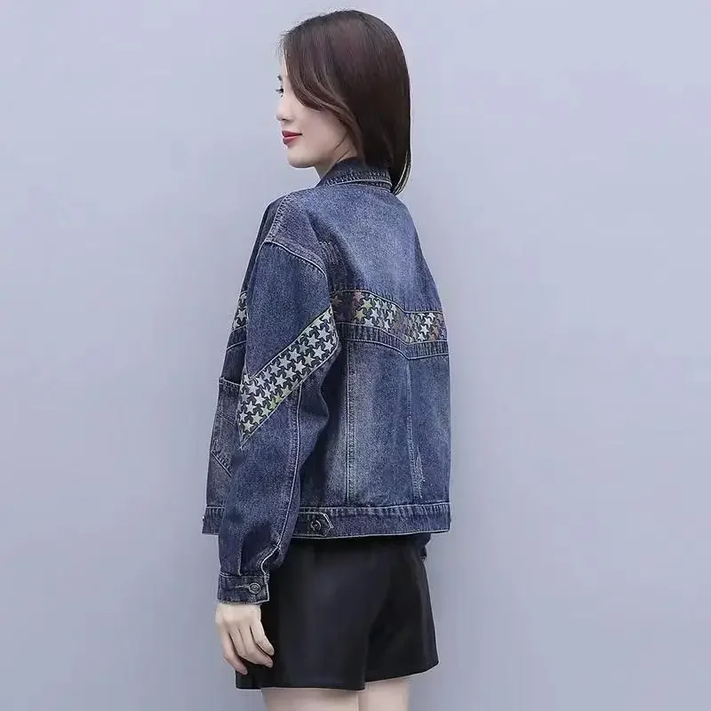 Patchwork Denim Jacket for Women Short Crop Small Long Sleeve Demi-season Korean Reviews Many Clothes Original Cowboy Coat Woman