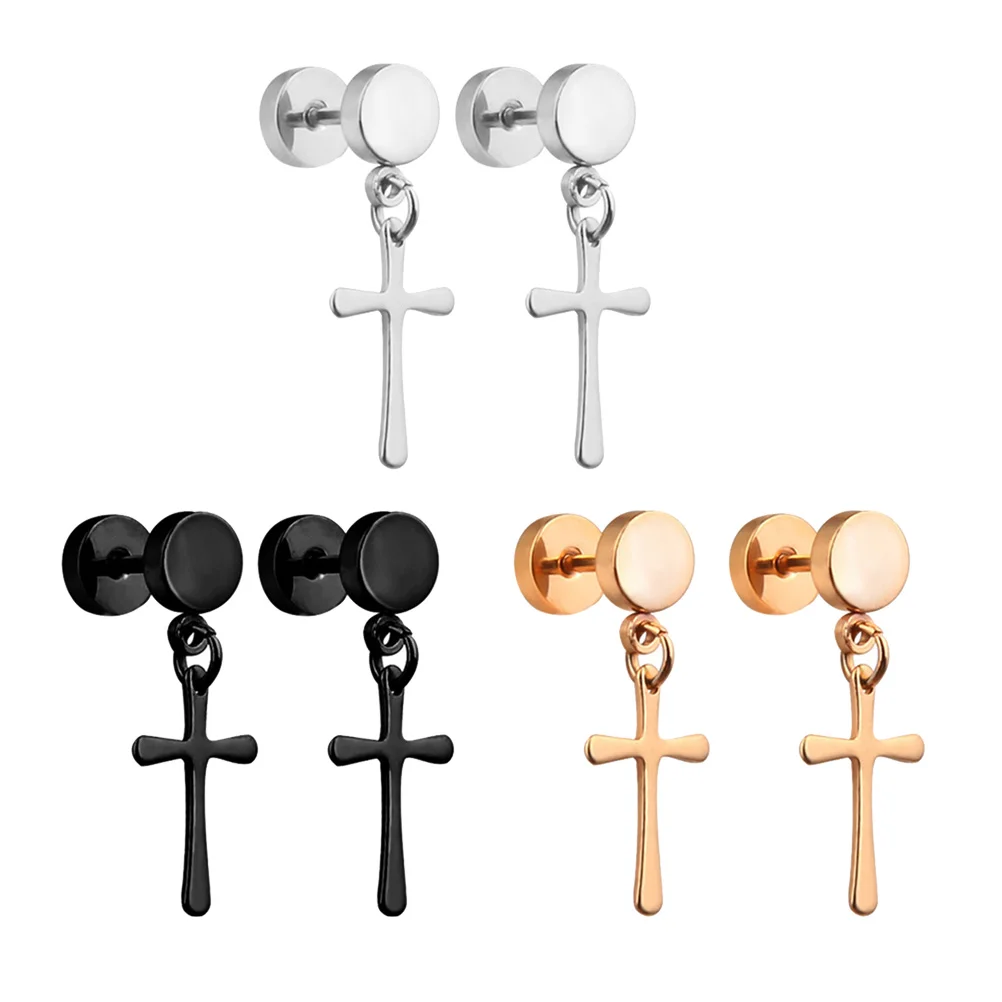 

3 Pairs Gothic Stainless Steel Earrings Man Retro Decor Cross Style Statement Chic