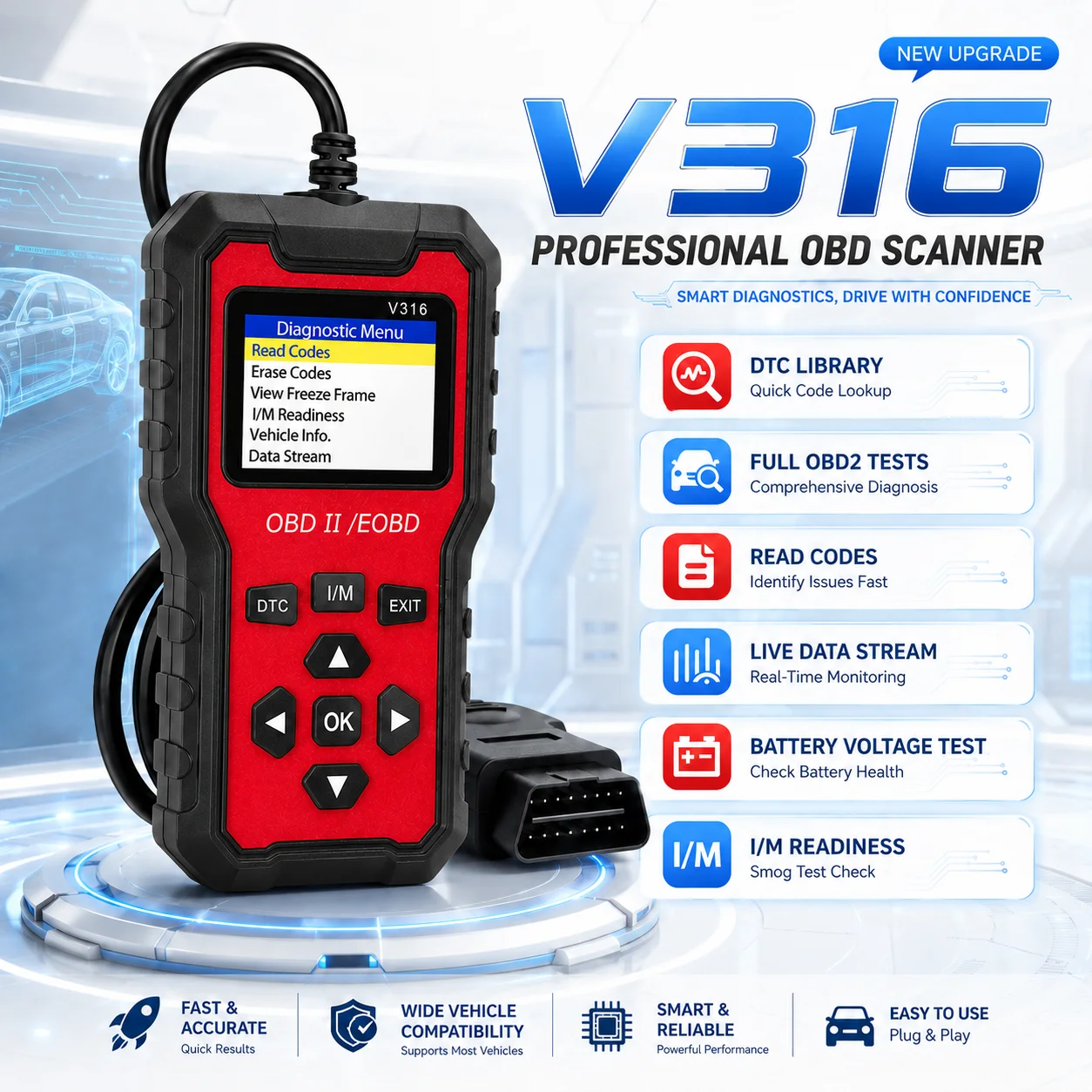 V316 Multifunctional Obd2 Scanner Automotive Engine Code Reader Real-Time Diagnostic Tool with Battery Voltage Detection