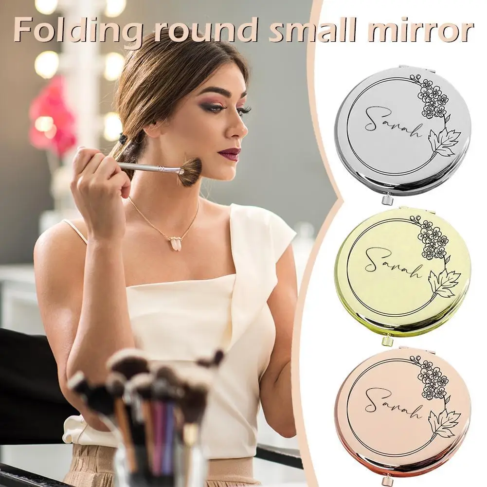 

Customized Birthday Flower Personalized Name Collapsible Small Round Mirror Journey Portable Double Sided Metal Cosmetic Mirror