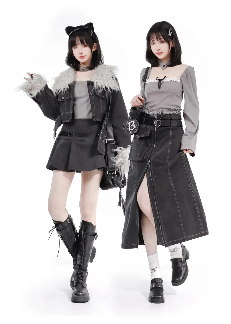 2023 Autumn New Black Gray Short Denim Jacket Slit Mid-Length Skirt Detachable Fur Collar Long Sleeve Slim Coat Women\'s Clothing