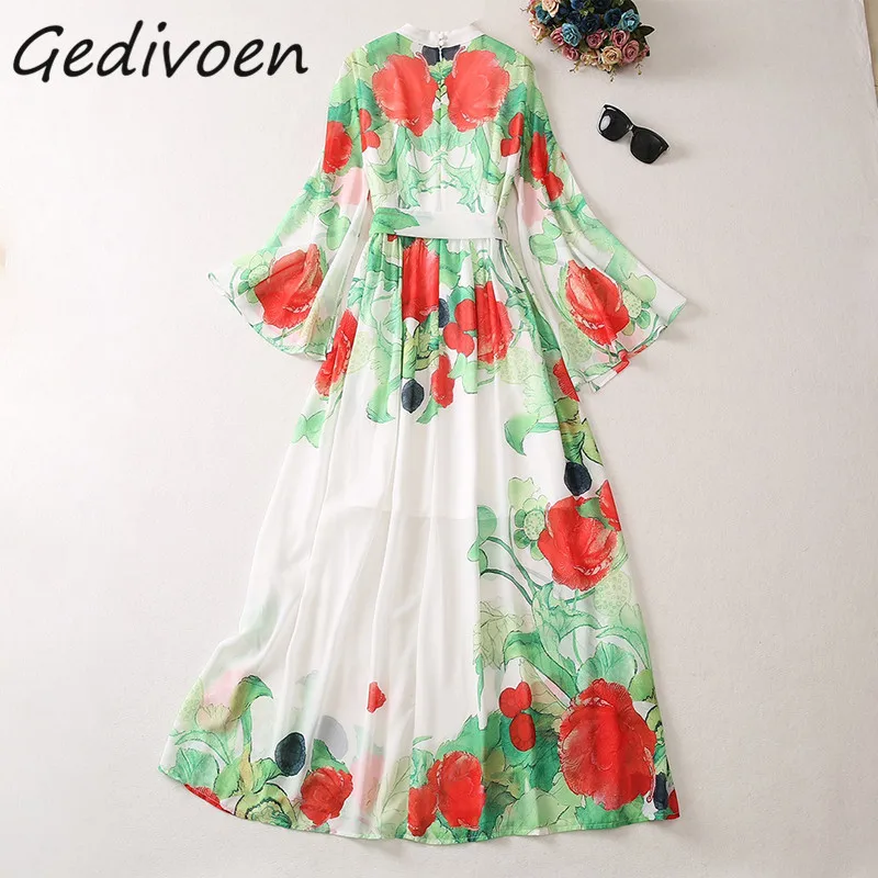 Gedivoen Summer Fashion Runway Abito con stampa floreale vintage Abito lungo da donna con scollo a V Frenulo a vita alta con spacco per feste