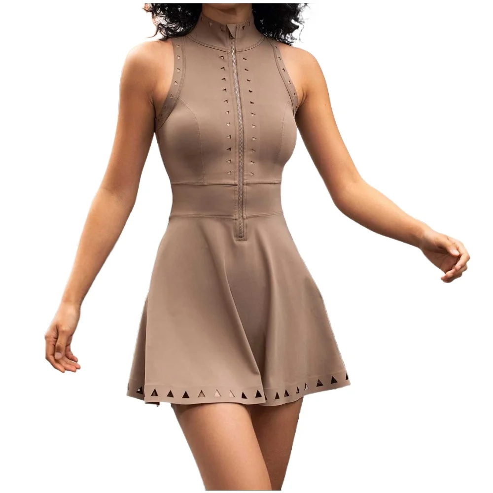 2PCS Anti Shorts Zipper High Neck Yoga Set Fitness Tennis Skirt Dress Workout Golf Sportswear Gym Workout Clothes Women Suits