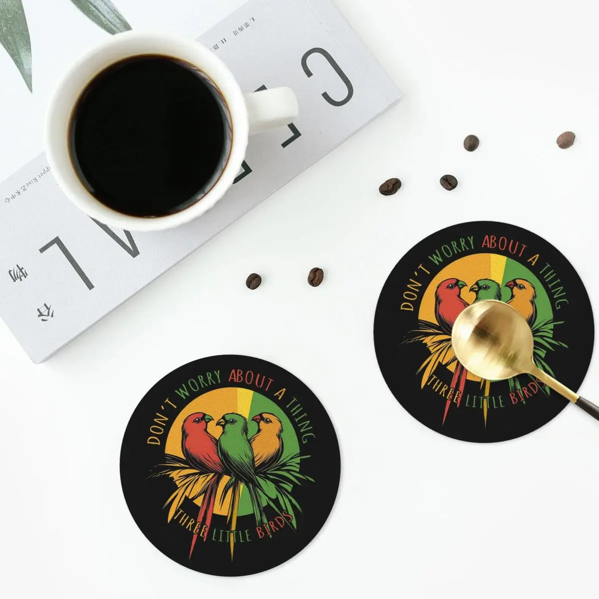 Kawaii Three Little Birds Reggae Coasters PVC Leather Placemats Non-slip Coffee Mats for Home Kitchen Dining Pads Set of 6