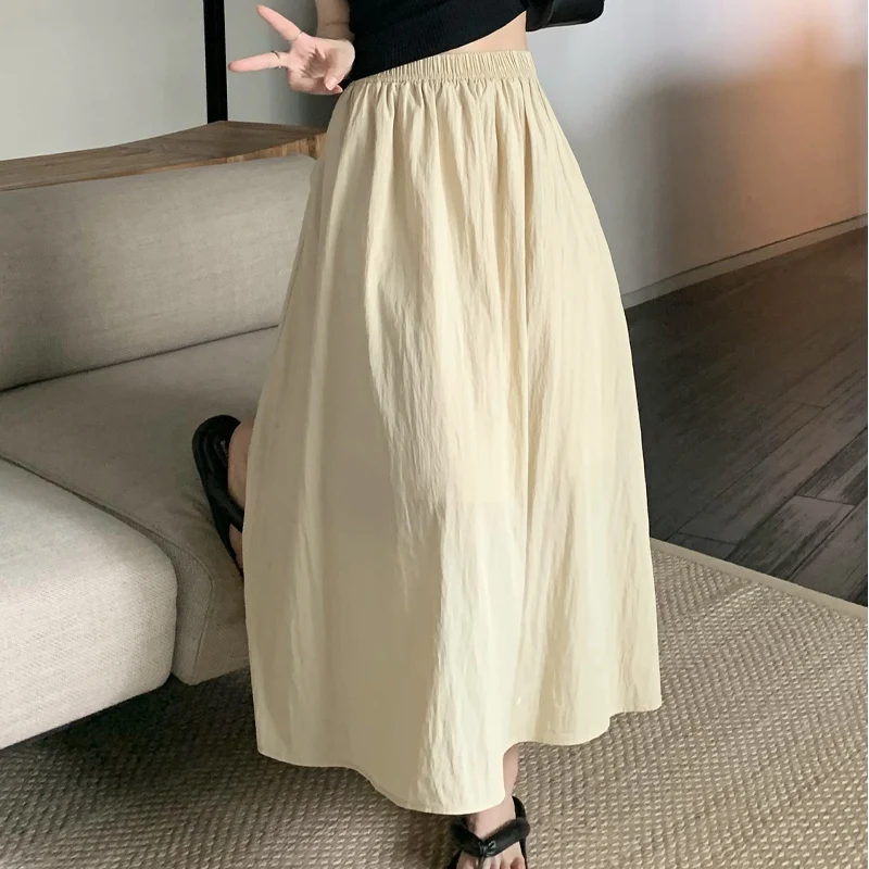 Summer New Solid Color Fashion Elastic Waist A-line Skirt Women High Street Casual Pockets Patchwork High Waist Female Clothing