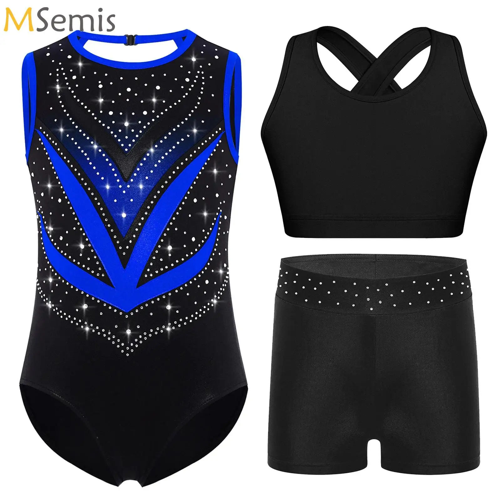 

Kids Sportswear Set Girls Shiny Gymnastics Leotards Ballet Dance Leotards Bodysuit+Shorts+Vest Figure Skating Jersey Dancewear
