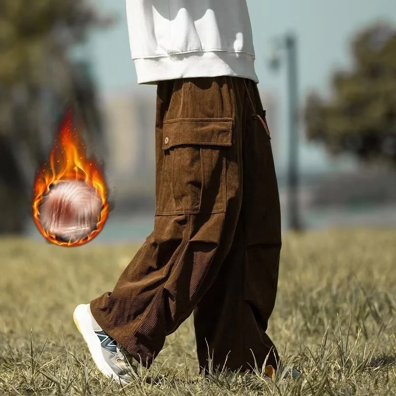 Men's corduroy multi pocket wide leg casual ankle pants with drawstring design straight leg pants suitable for daily wear - Image 5