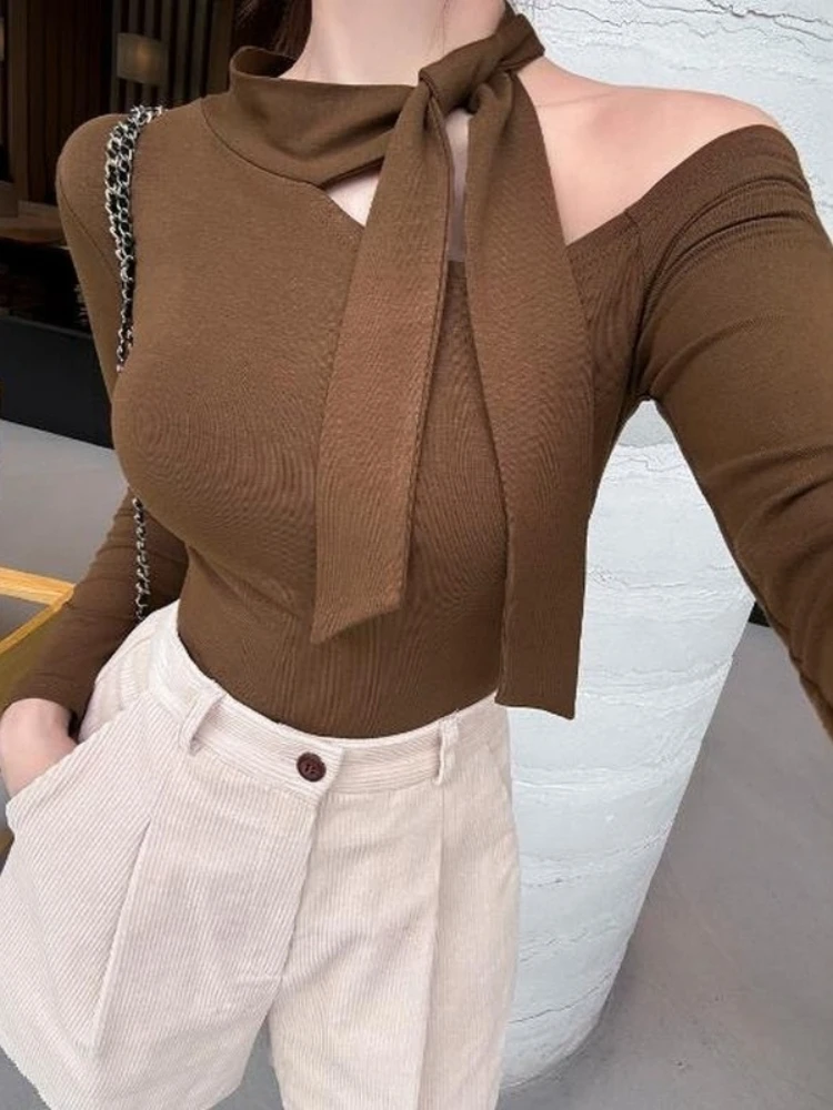 Korean Dongdaemun Women's Sexy T-shirt Tight Asymmetrical Women's Top Long-Sleeve 2026 Spring Summer Off-Shoulder Tee Shirt