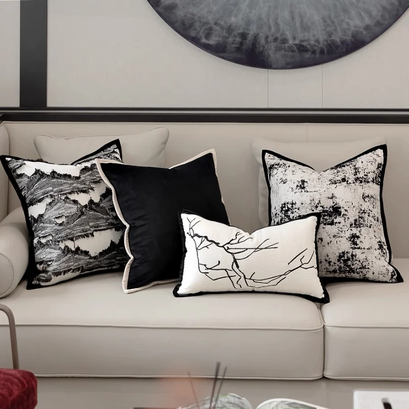 

White Black Pillows Luxury Chinese Cushion Case Modern Simple Square Decorative Pillow Cover For Sofa Chair Home Decorations