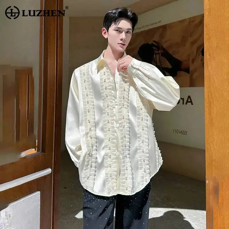 

LUZHEN Design Elegant Temperament Long Pearl Patchwork Sleeve Pleated Shirts Men's 2025 Autumn Handsome Casual Clothes JY7151