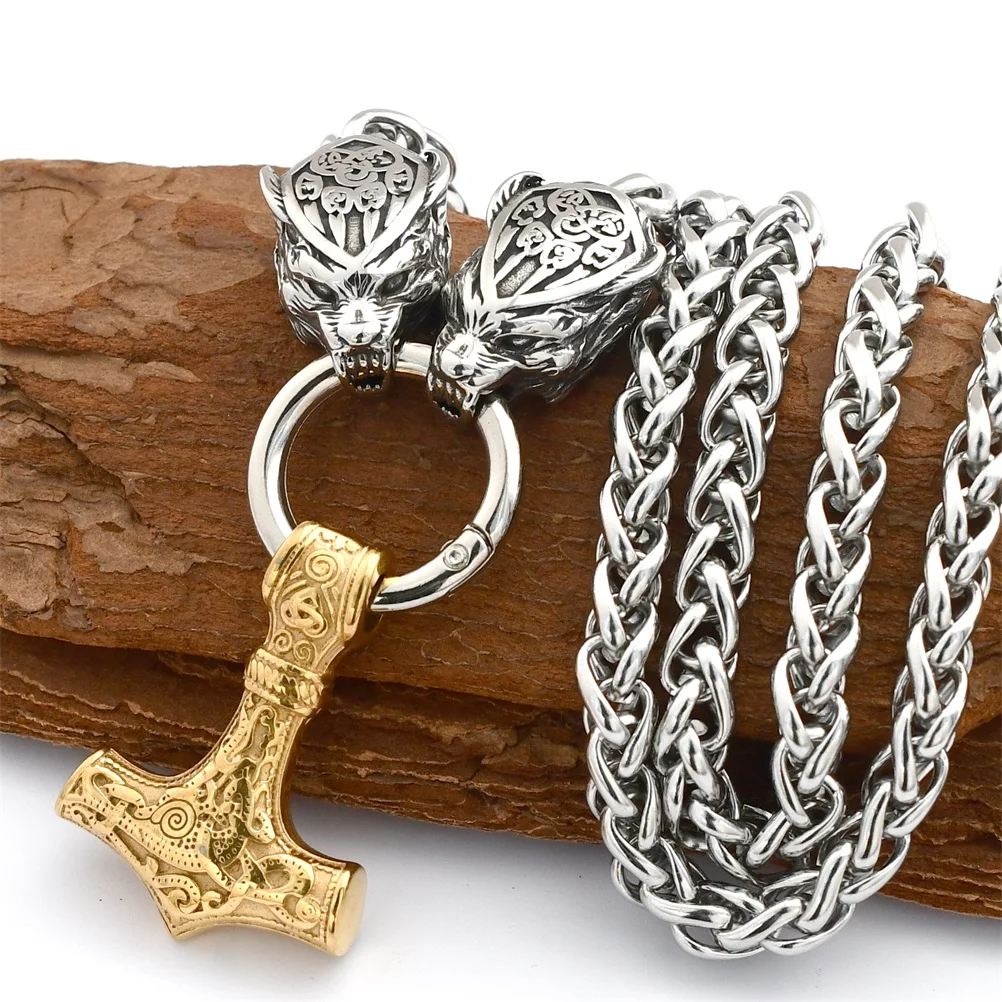 Stainless Steel Bear Head Keel Chain Necklace Nordic Gold Odin Thor's Hammer Pendant Viking Men's Jewelry