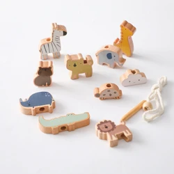 Baby Montessori Toy Wooden Animal Threading Stacking Toy Block Board Games Baby Animal Stringing Threading Block Puzzle Toy Gift