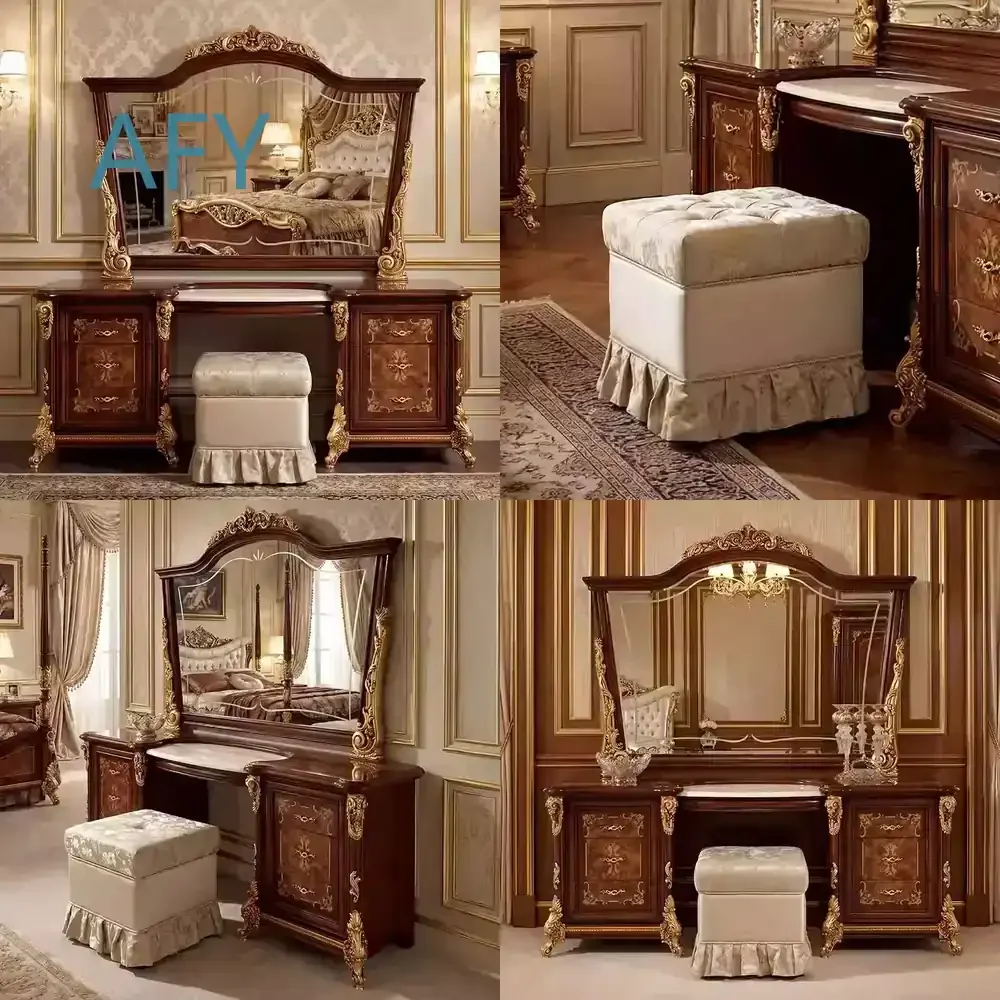 Rococo Solid Wood Dressing Table for Bedroom Furniture for Mirror Stool for European Retro Vanity Table for Home Decor for