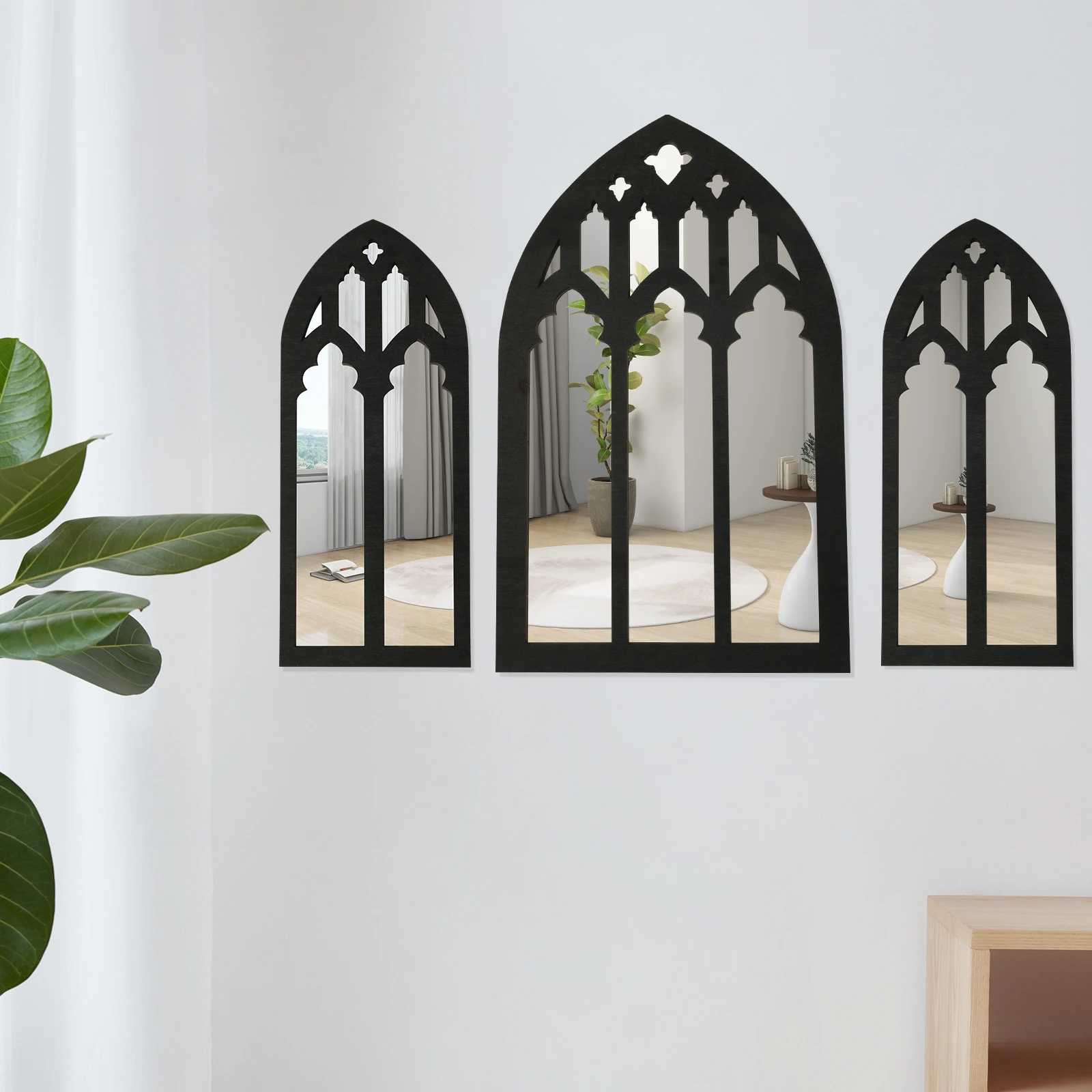 3Pcs Arched Window Wall Mirror Set Gothic Wall Mirror Decor Self-Adhesive Cathedral Arched Mirror Decor for Living Room Bedroom