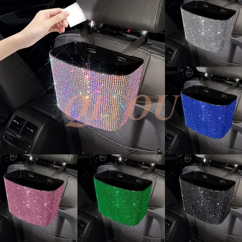 Full New Rhinestone Car Trash Can Storage Bins Plastic Color Diamond Back Storage Box Waterproof Trash Grabber Car Hanging Acces