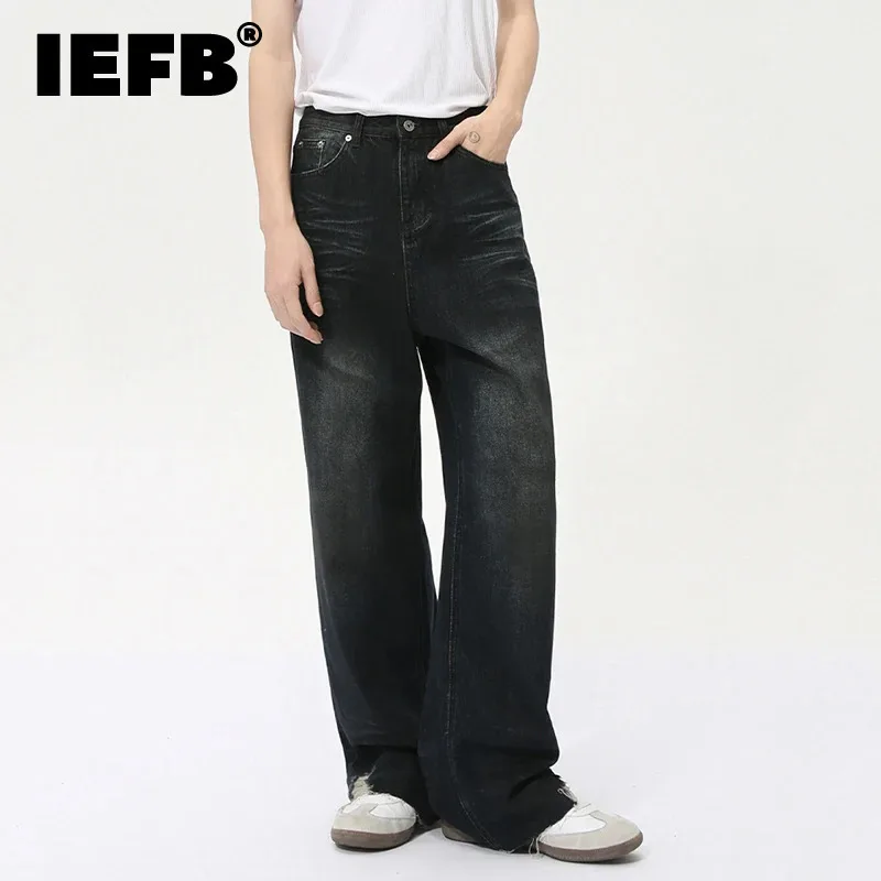 IEFB High Street Men's Denim Pants Irregular Hole Solid Color Straight Wide Leg Male Trousers New Trendy Autumn 2024 9C7385