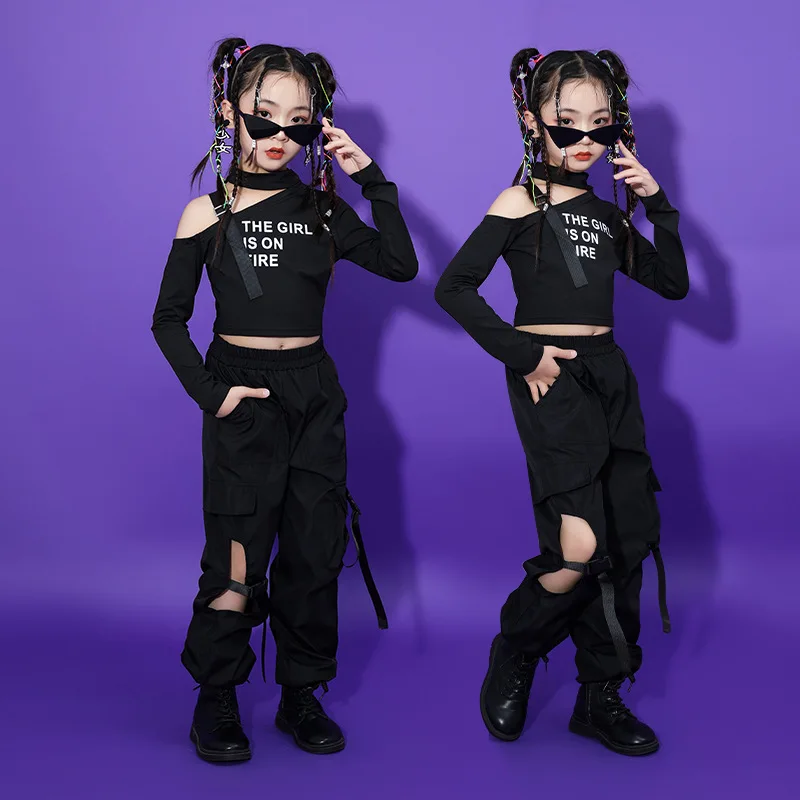

Kid Hip Hop Clothing Black One Shoulder Halter Crop Top T Shirt Green Cargo Jogger Pants for Girl Jazz Dance Costume Clothes Set