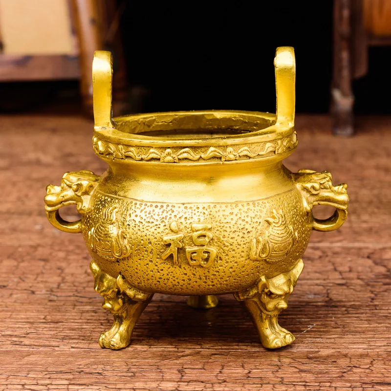 Exquisitely crafted brass , three-legged incense burner worship, small size for home use, brings wealth