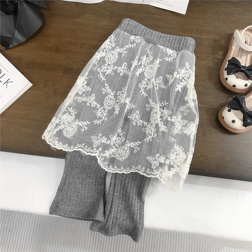 Girls' Bell Bottom Pants New Spring Outfit Children's Stylish Lace Fart Curtain Skirt Long Pants Fake Two-piece Leggings