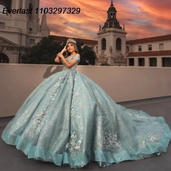 EVLAST Customized Aqua Green Quinceanera Dress Ball Gown 3D Floral Applique Beading Corset Sweet 16 Vestidos De 15 Anos TQD886