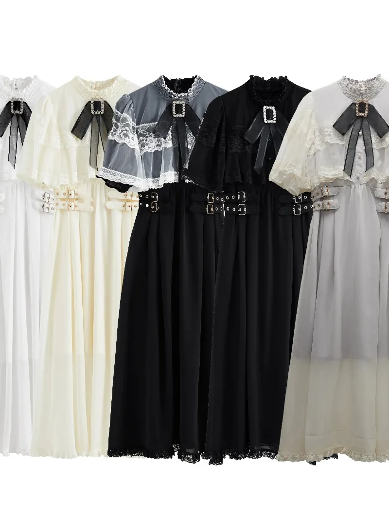 Sukienka patchworkowa z wysokim stanem, słodka i urocza, japoński styl smock, rękaw do połowy, koronkowa peleryna, vestidos, styl preppy, kokarda, mocno podkreślająca talię, nowa kolekcja mujer.