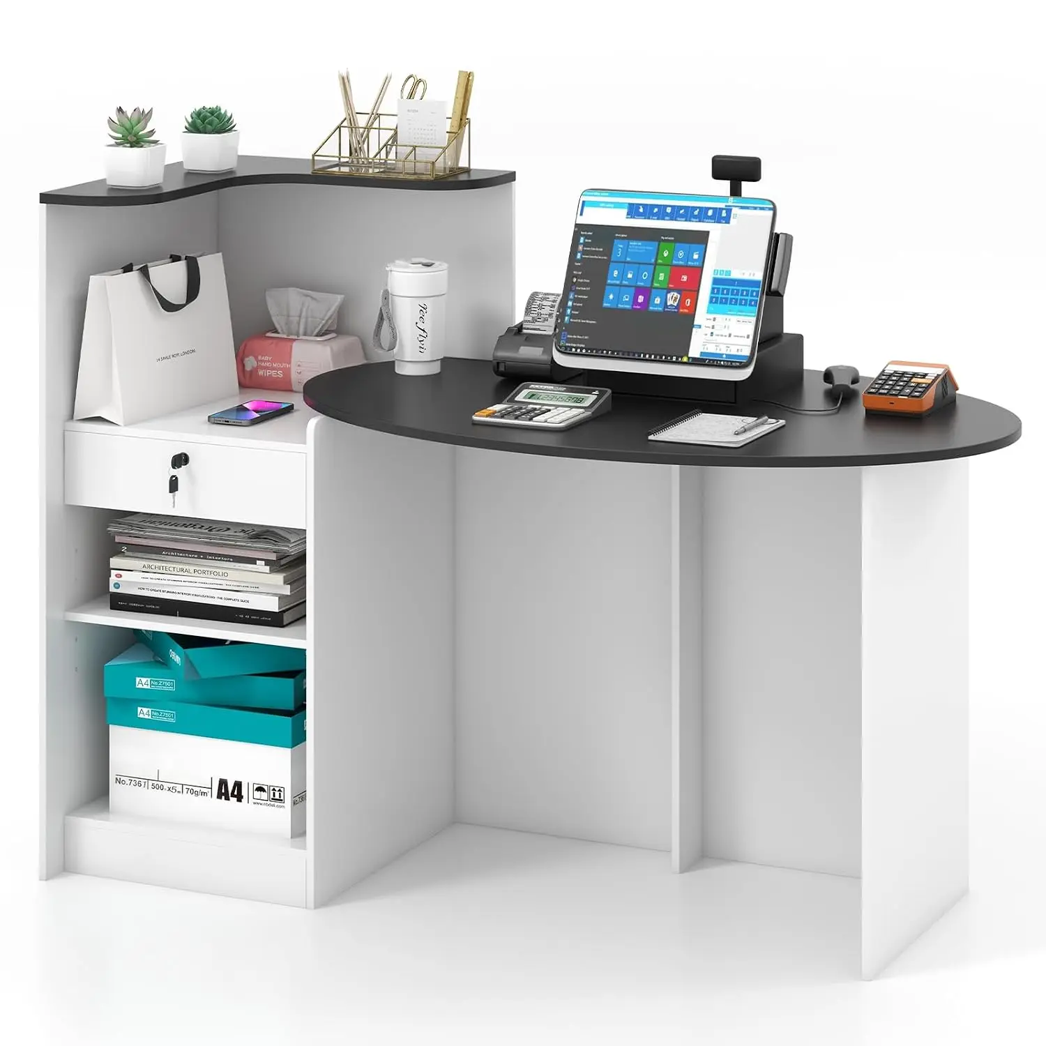 Reception Desk, Front Counter Desk with Lockable Drawer, Oval Tabletop & Adjustable Shelf, Retail Register Stand, Checkout Table