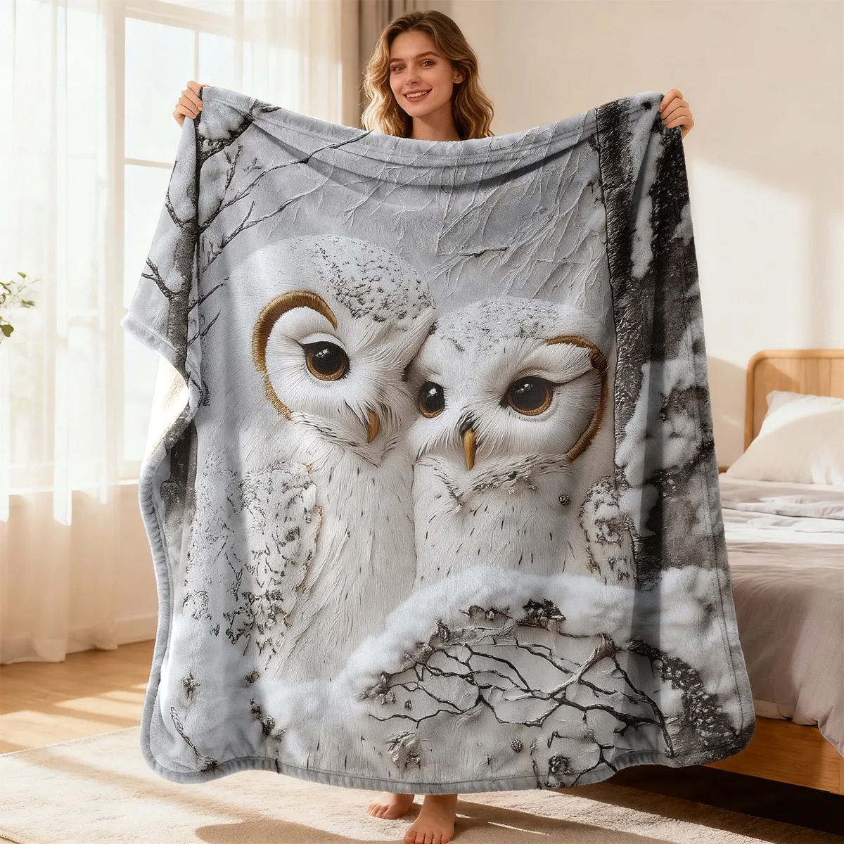 White Owl Plush Blanket, Ultra-Soft Flannel Snowy Owl Print, 2D Digital Heat Transfer, All-Season Bed Blanket, Dual Use for Sofa