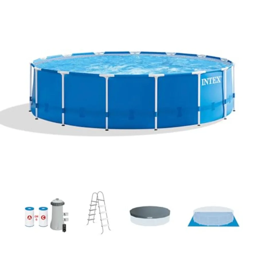 Above ground swimming pool set with metal frame, silver, rust-resistant coating for outdoor use