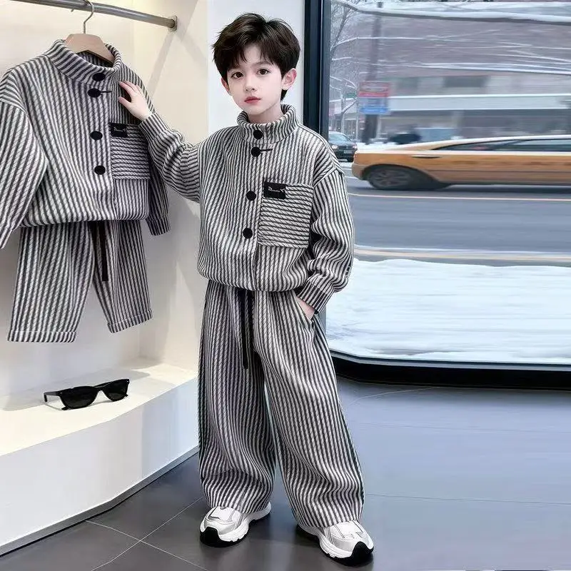 Children Autumn Spring Set New Fashion Striped Cardigan Stand Collar Single-breasted Jacket Pants 2pcs Korean Boutique Clothing