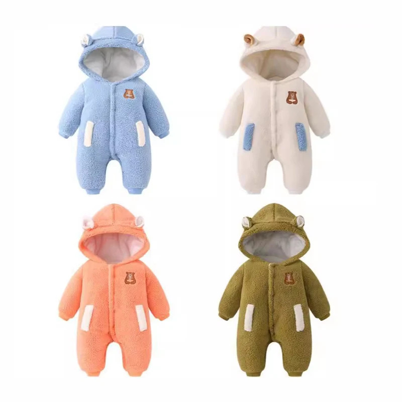 AYNIGIELL Newborn Winter Outerwear With Thickened Insulation and Built-in Fleece Hooded Jumpsuit, Flannel Cartoon Baby Rompers