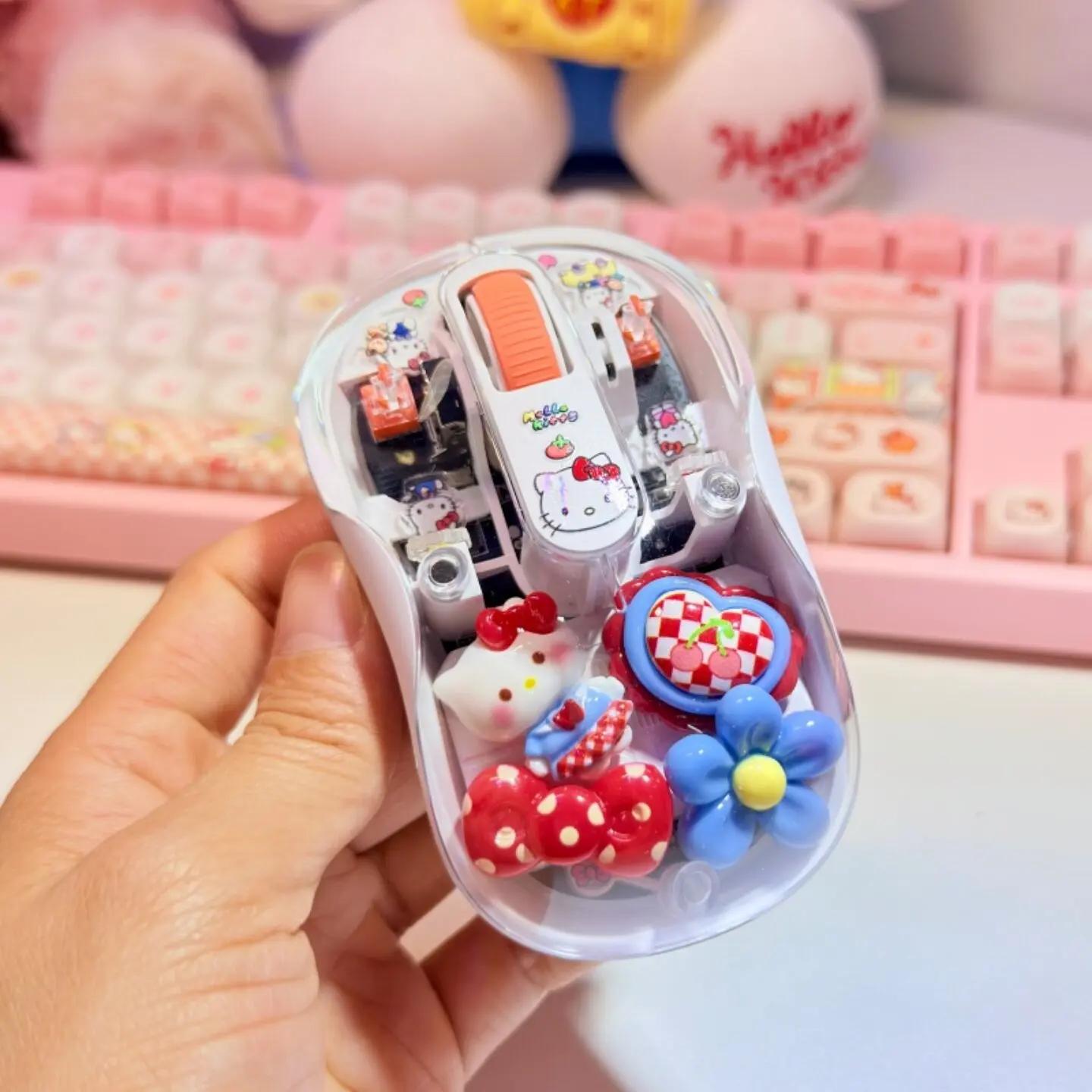 2026 Beauty Sanrio Hello Kitty Transparent Wireless Mouse Cute Girly DIY Decor Silent Office Mouse For Laptop Notebook Computer
