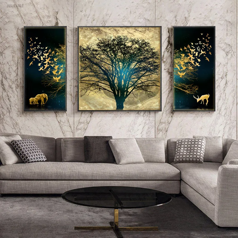 

3 Panels Modern Abstract Tree Elephant Deer Art Canvas Painting Nordic Posters and Prints Wall Art Paintings for Living Room De