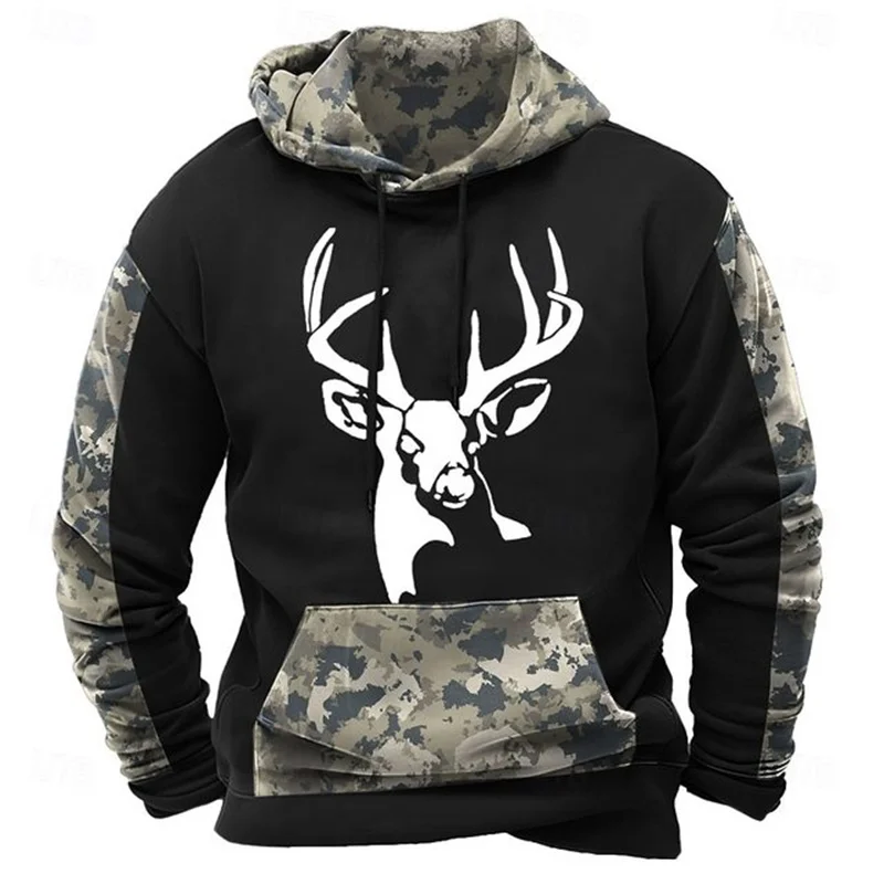 

New Outdoor Camouflage Hunting Men’s Hooded Autumn Winter Sweatshirts Funny Elk 3D Printed Oversized Sweatshirts Casual Clothing