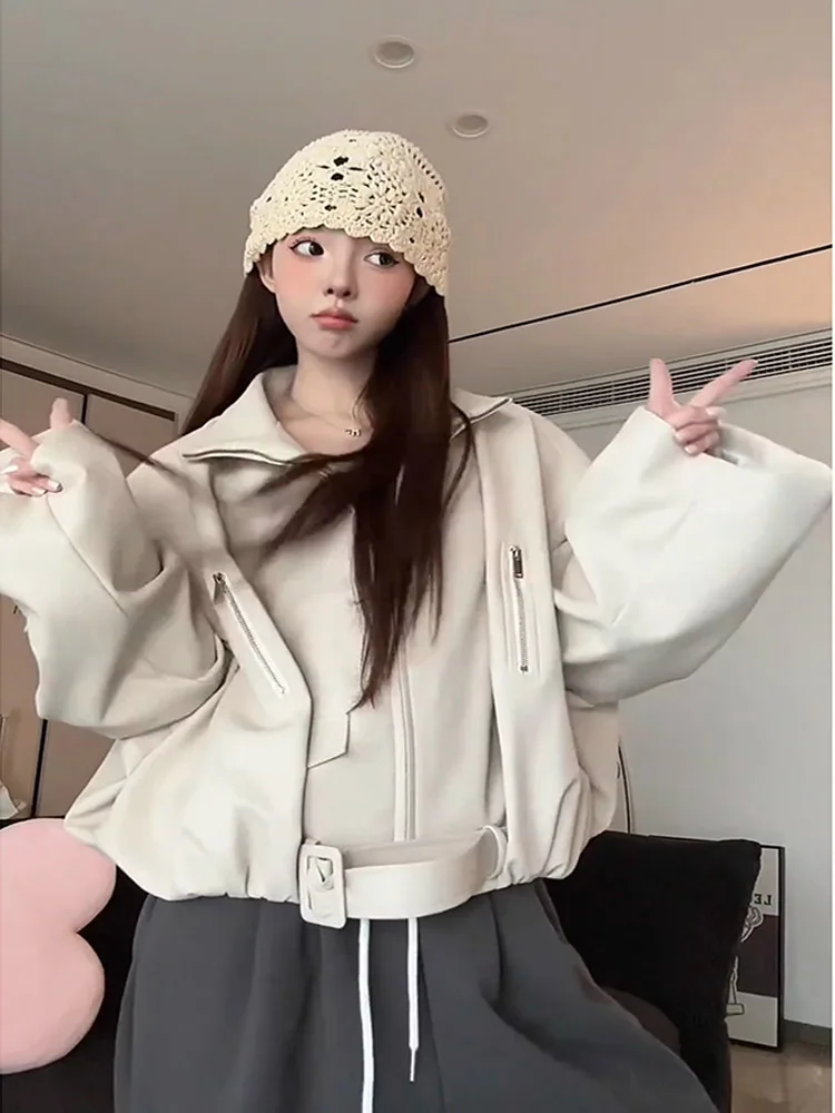 Sweet and cool design standing collar motorcycle leather jacket women's autumn new loose short versatile lapel coat