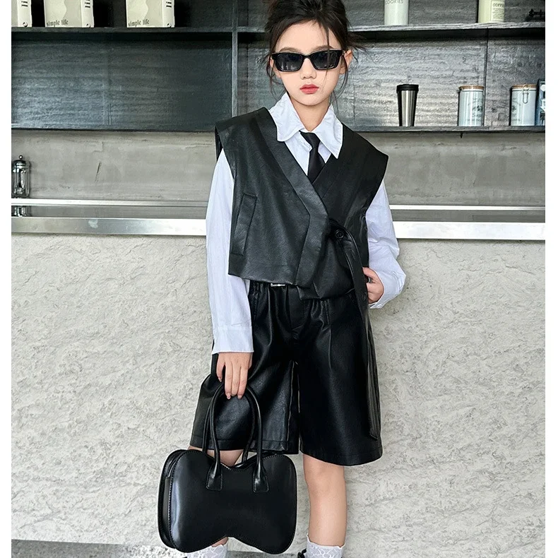Girls Suit 2024 Autumn New Childrens Wear Korean Style Foreign Style Leather Vest Leather Shorts Two-piece Casual Simple Daily image 5