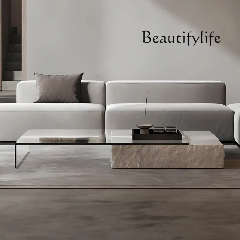 BJ Modern Simple Travertine Coffee Table Italian Light Luxury Designer Glass Creative Square Combination Fashion