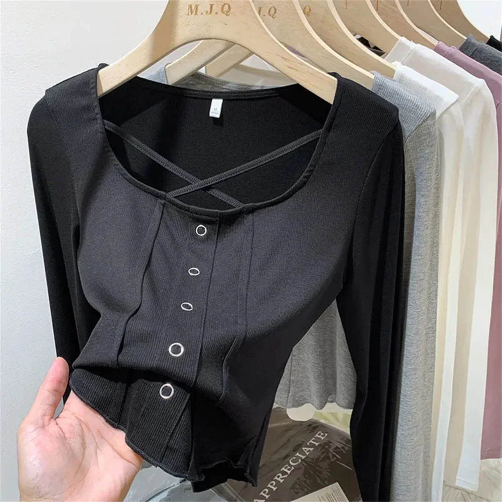 Y2k Cross-back Unique Base Layer Tops Women Long Sleeve Tshirt Early Spring Style Inner Wear Harajuku Korean Style Slim Sexy Top