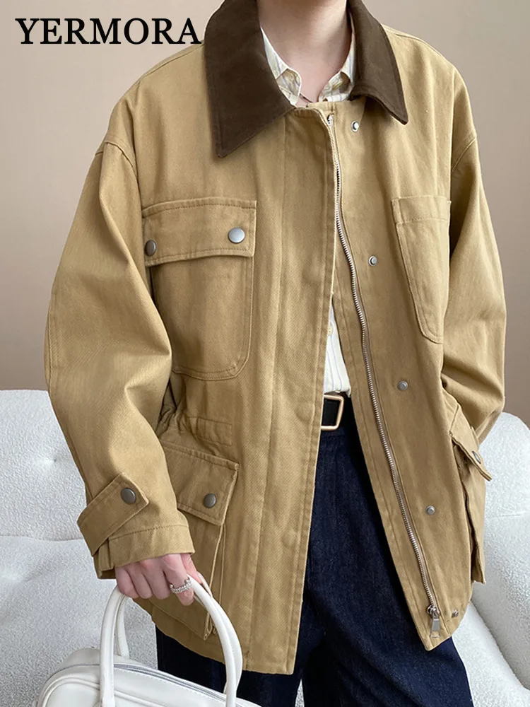 

YERMORA цвета хаки, куртка на молнии и кармане для женщин, свободное новое пальто с лацканами и длинными рукавами, модное пальто, весна-осень 2025