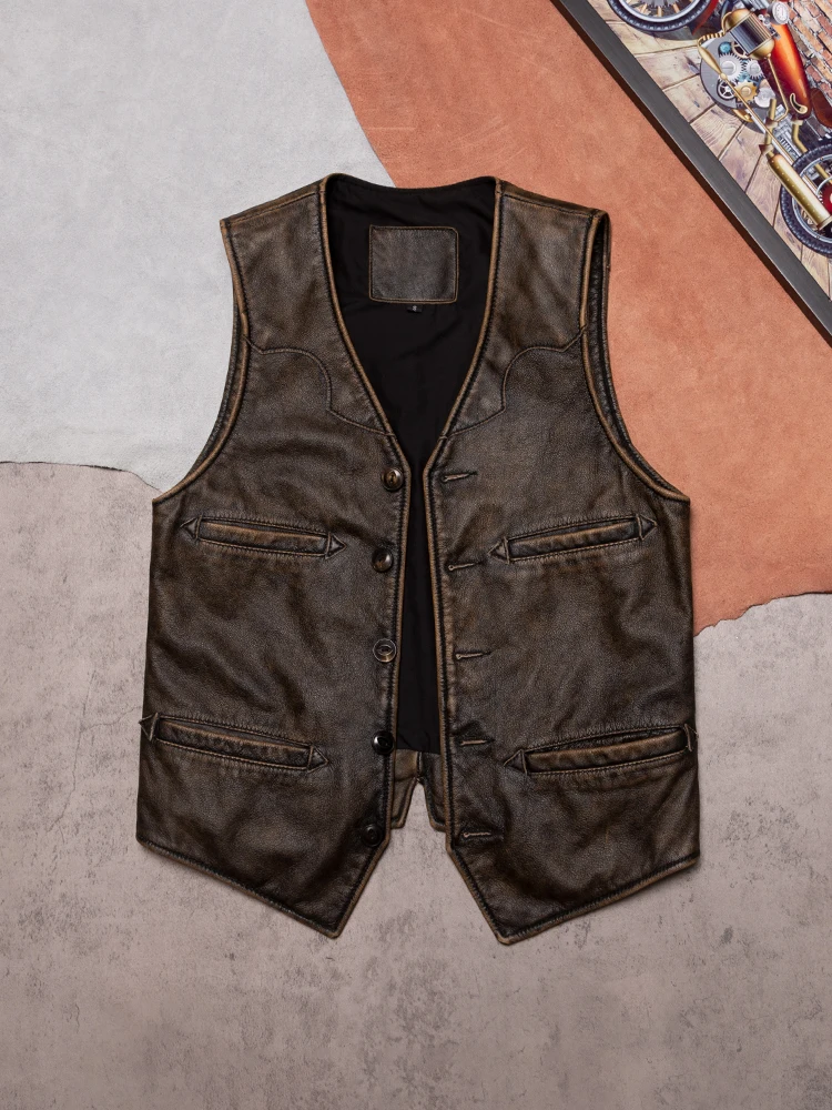 Chaleco de Cuero para Hombre Estilo Vintage, Proceso de Pulido con Piedras, Piel de Vacuno de Primera Capa, Sin Cuello, Chaqu...