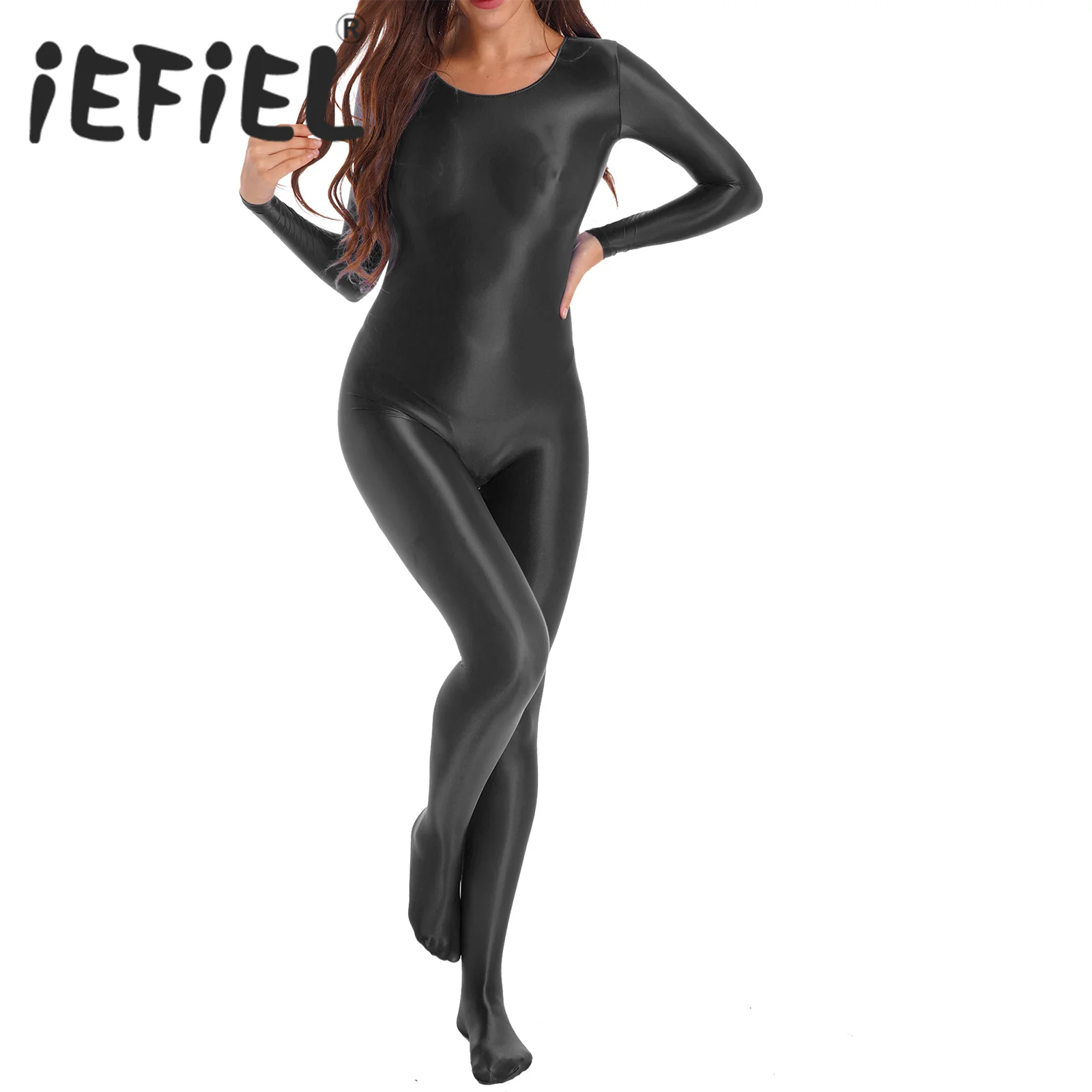 Womens Glossy Jumpsuit Long Sleeve Bodystocking Full Body Romper Nightwear Smooth Bodycon Rompers for Sports Gym Yoga Fitness