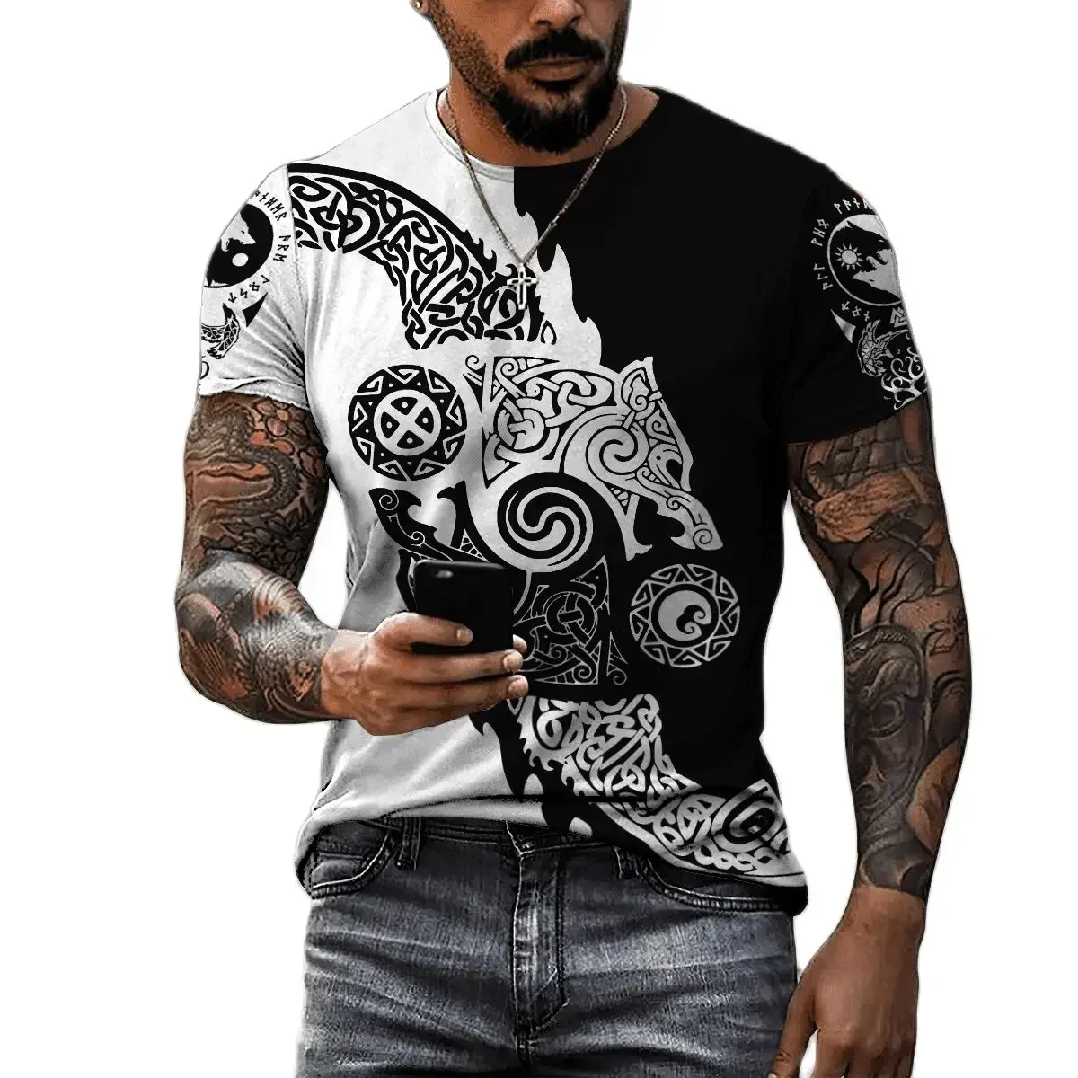 Viking Symbol Crow Tattoo New Fashion 3D Printed Men's T-shirt Summer Casual Crewneck T-shirt Men's and Women's Street Tops