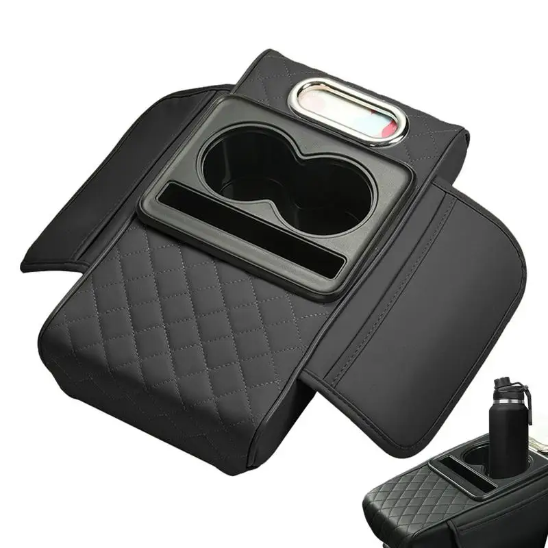 Cojín para reposabrazos de consola central automática con 2 portavasos, soporte para teléfono, almohadilla para reposabrazos de cuero PU, almohada portátil para reposabrazos de coche, almohadilla de altura