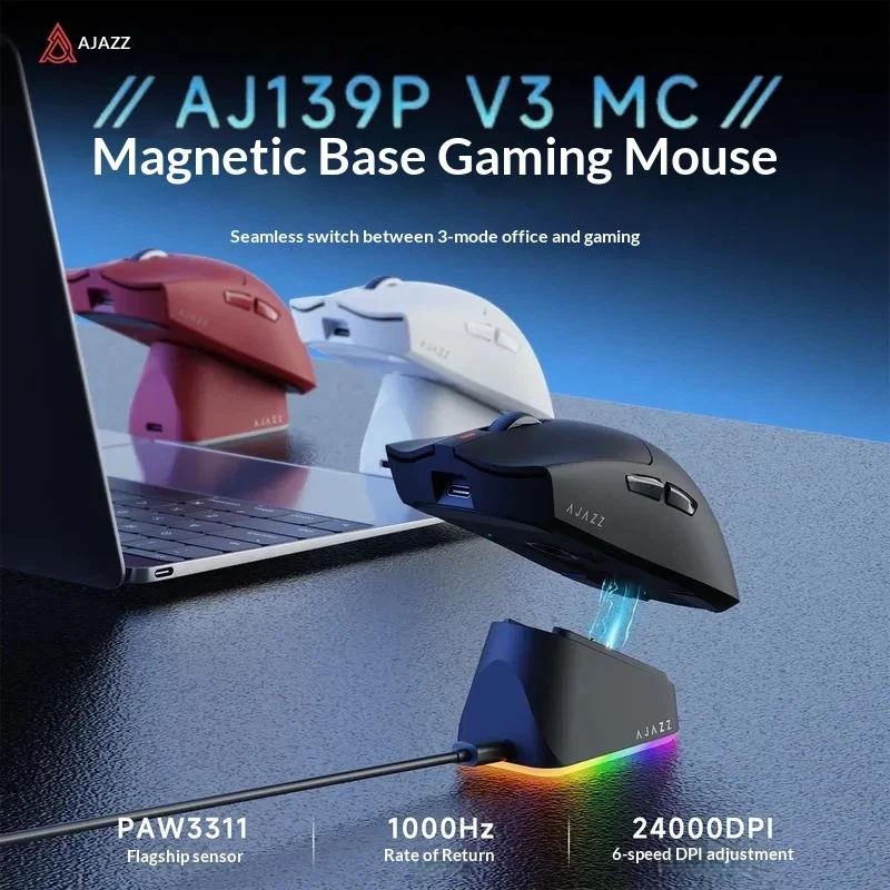 

New Ajazz Aj139 V3 Mc Mouse Wireless Bluetooth Gaming Three Modes Paw3395 Rgb Magnetic Base Lightweight Gaming Office Mouse