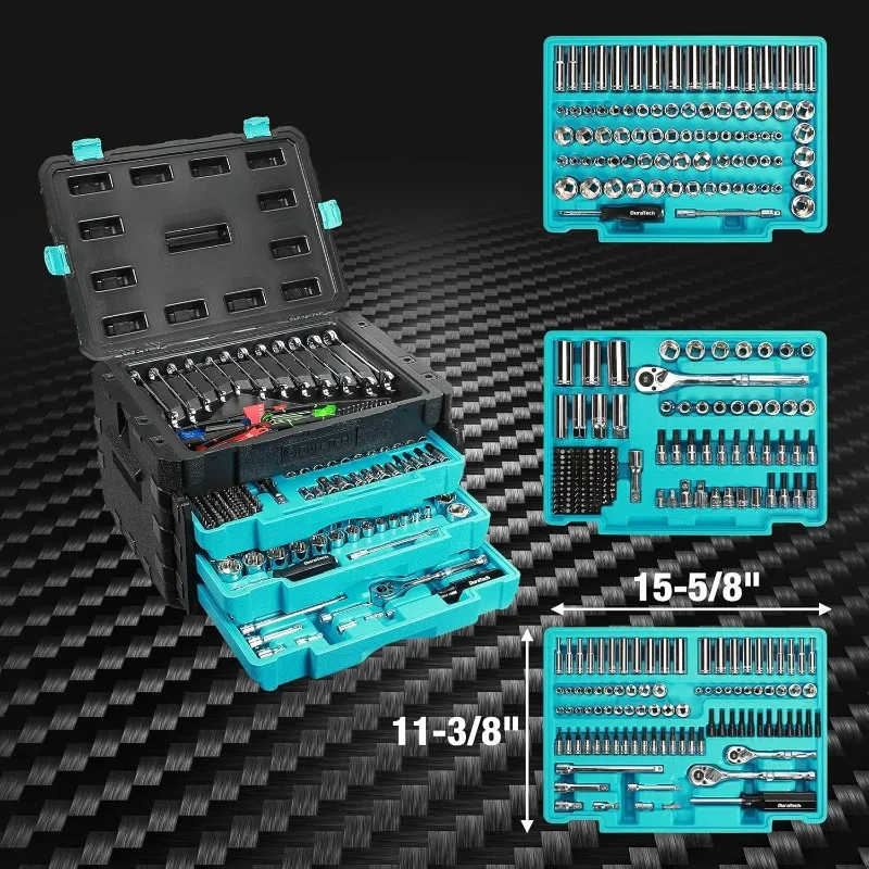 Mechanics Tool Set, Include SAE/Metric Sockets, 90-Tooth Ratchet and Wrench Set in 3 Drawer Tool Box