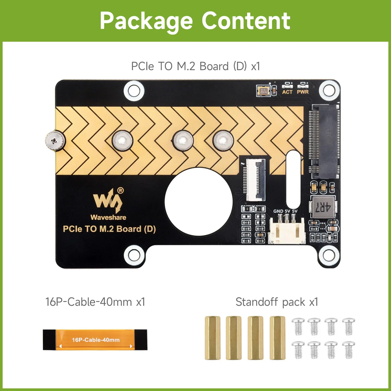 Waveshare Raspberry Pi 5 PCIe To M.2 Adapter Board (D), Compatible with 2280/2260/2242/2230 size NVMe Protocol M.2 SSD for PI5