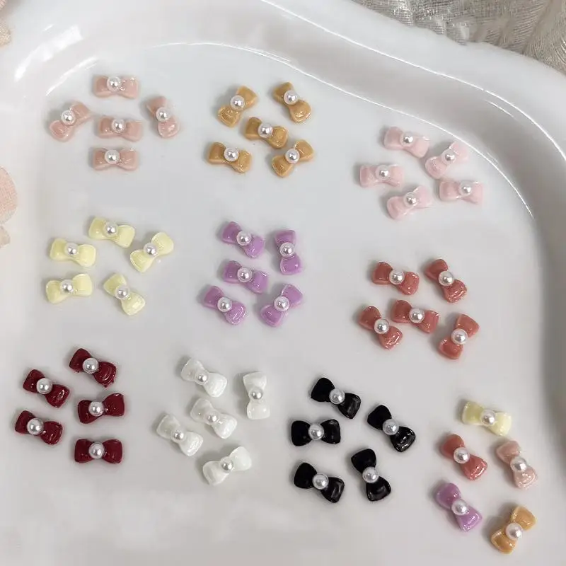 

20Pcs Solid Color Minimalist Pearl Bows Nail Charms Bowknots Mini Resin Rhinestones Inlaid Nail Art Decorations For DIY Manicure