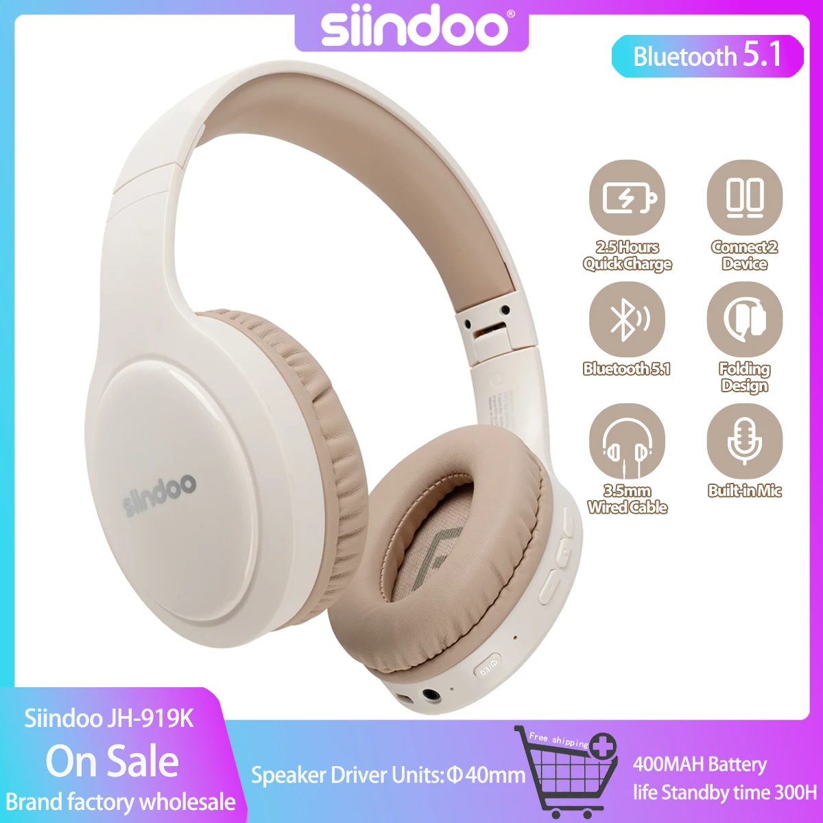 Siindoo JH-919Khaki Foldable Bluetooth Stereo Earphones Wireless Headphones 3EQ Sound Modes with Hi-FI Deep Bass Mic For Laptop