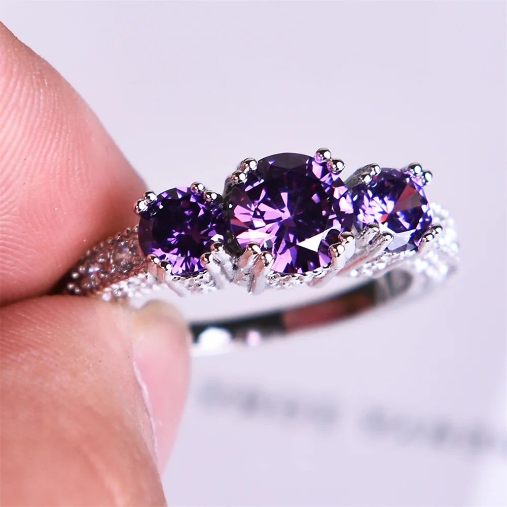 Purple Crystal Three Stone Engagement Rings For Women Trendy Silver Color Bridal Wedding Bands Fashion Jewelry Mother\'s Day Gift